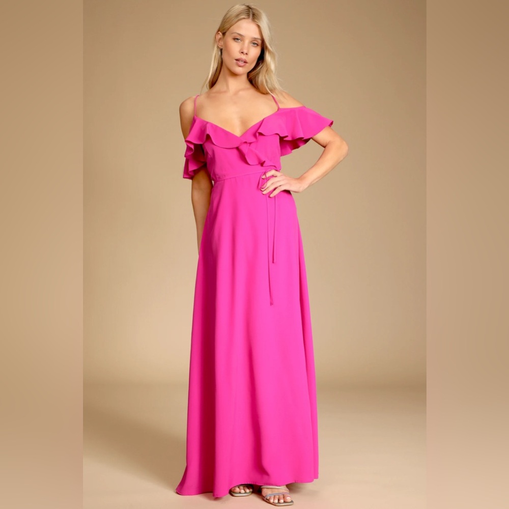 Lulus Sunny Perfection Magenta Ruffled Off-the-Shoulder Wrap Dress M